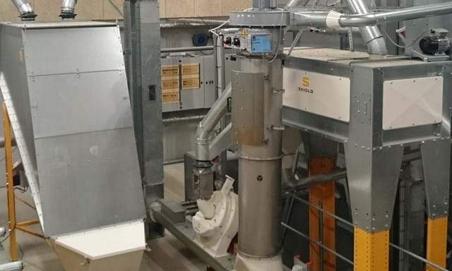 SKIOLD on-farm feed mill with screen cleaner, Unimix inclined mixer, jet filter and disc mill